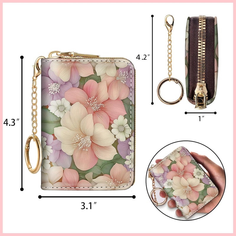 Blusabaca Flower Floral Credit Card Holder for Women, Small RFID Wallet with Zipper, Card Keychain Wallet, Leather Wallet Card Case, Business Blocking Accordion Wallet Gift - Image 4